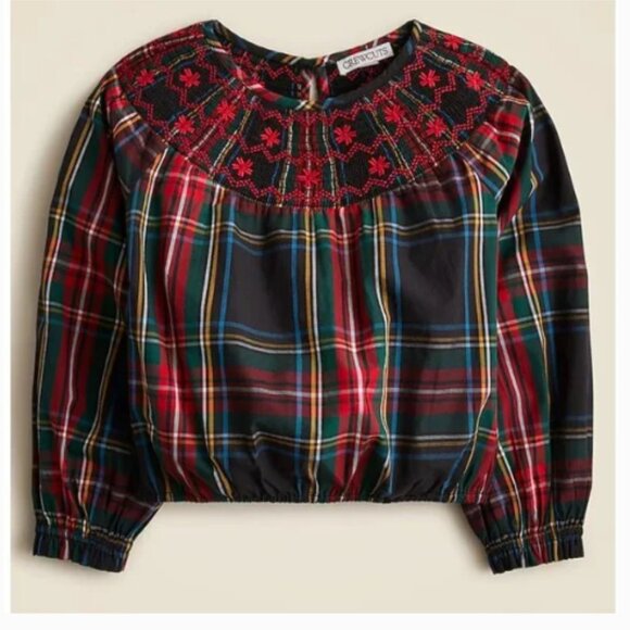 new J. Crew Girls' embroidered smocked top in Stewart tartan XSmall XS CF215 - Picture 1 of 1